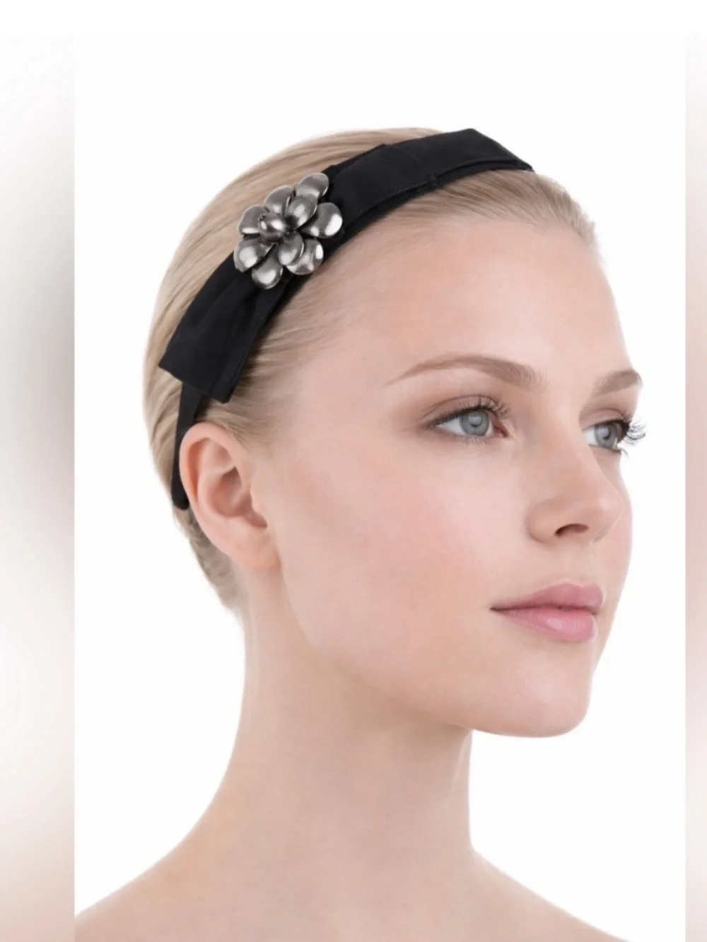 Authentic Chanel Pewter Color Camellia CC Logo Flower Piece to Headband